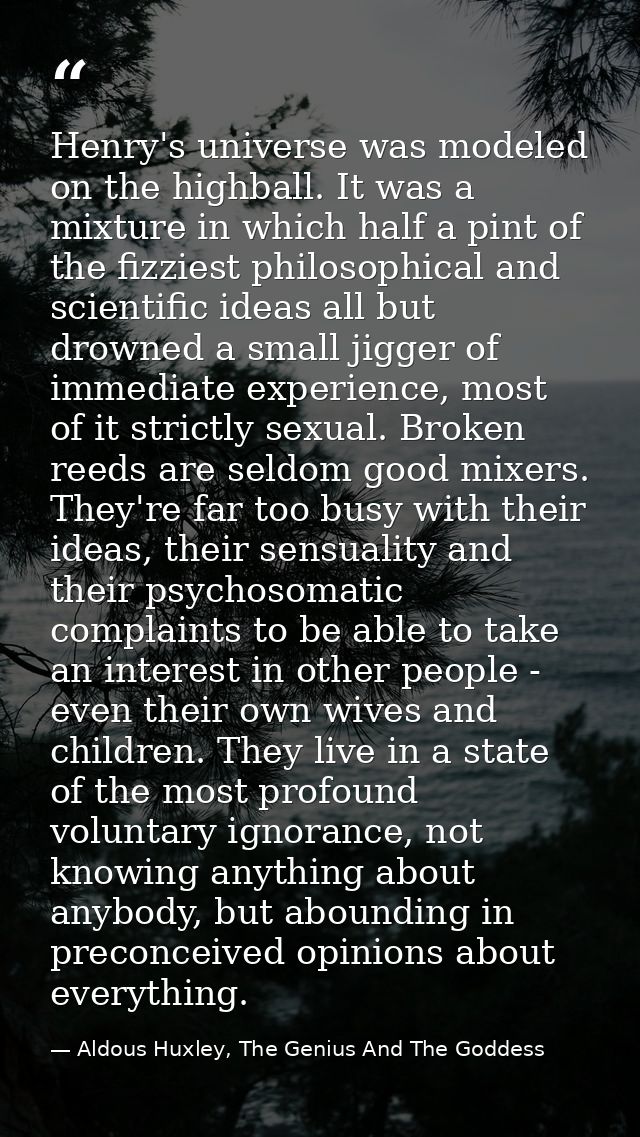 Henry's universe was modeled on the highball. It was a mixture in which half a pint of the fizziest philosophical and sc — Aldous Huxley, The Genius And The Goddess