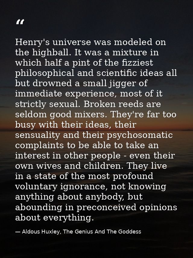 Henry's universe was modeled on the highball. It was a mixture in which half a pint of the fizziest philosophical and sc — Aldous Huxley, The Genius And The Goddess