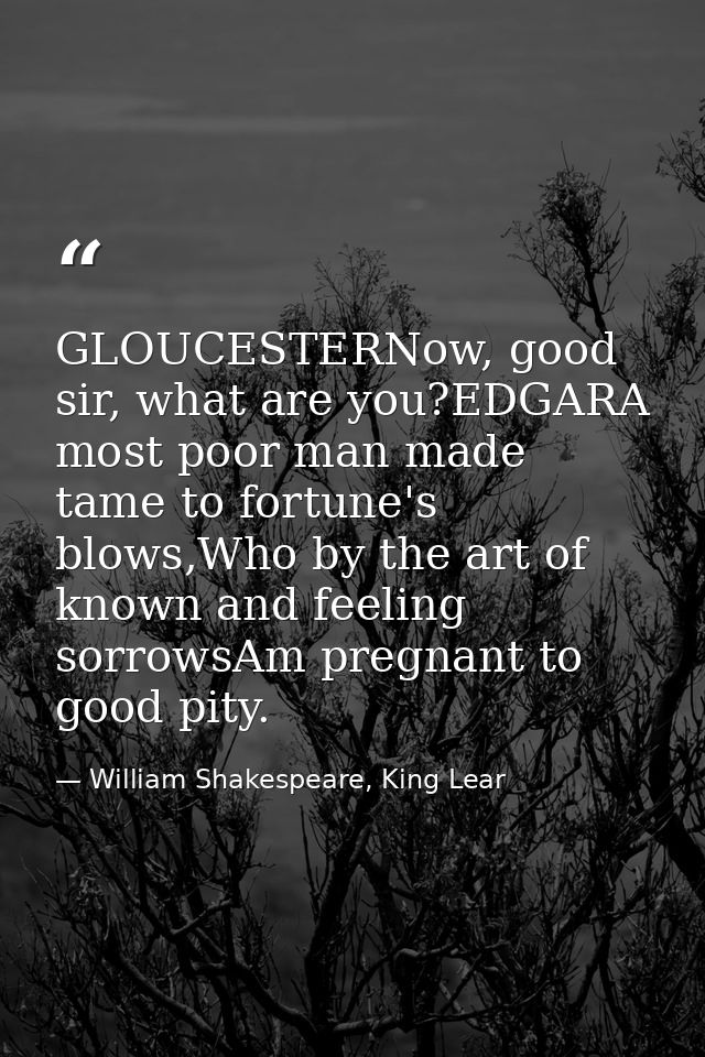 GLOUCESTERNow, good sir, what are you?EDGARA most poor man made tame to fortune's blows,Who by the art of known and feel — William Shakespeare, King Lear
