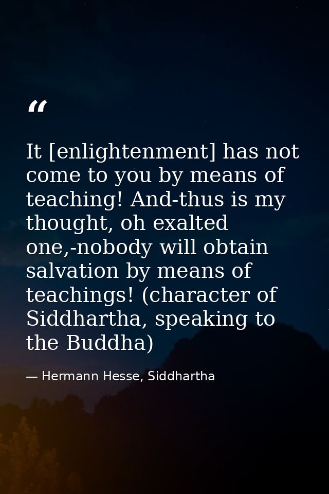 It [enlightenment] has not come to you by means of teaching! And-thus is my thought, oh exalted one,-nobody will obtain  — Hermann Hesse, Siddhartha