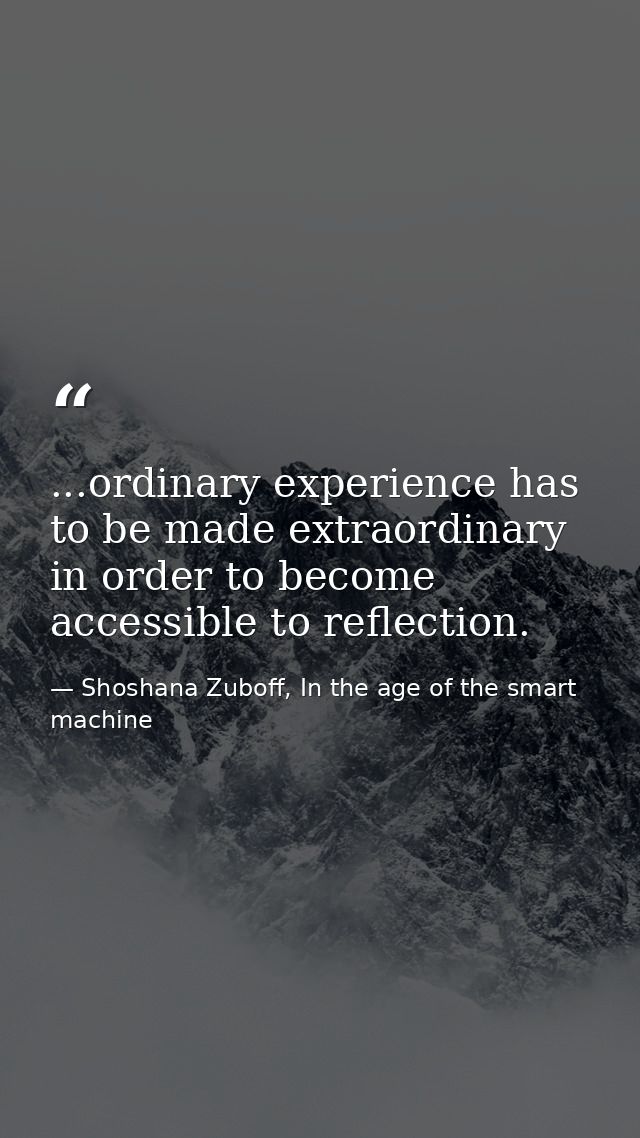 ...ordinary experience has to be made extraordinary in order to become accessible to reflection. — Shoshana Zuboff, In the age of the smart machine