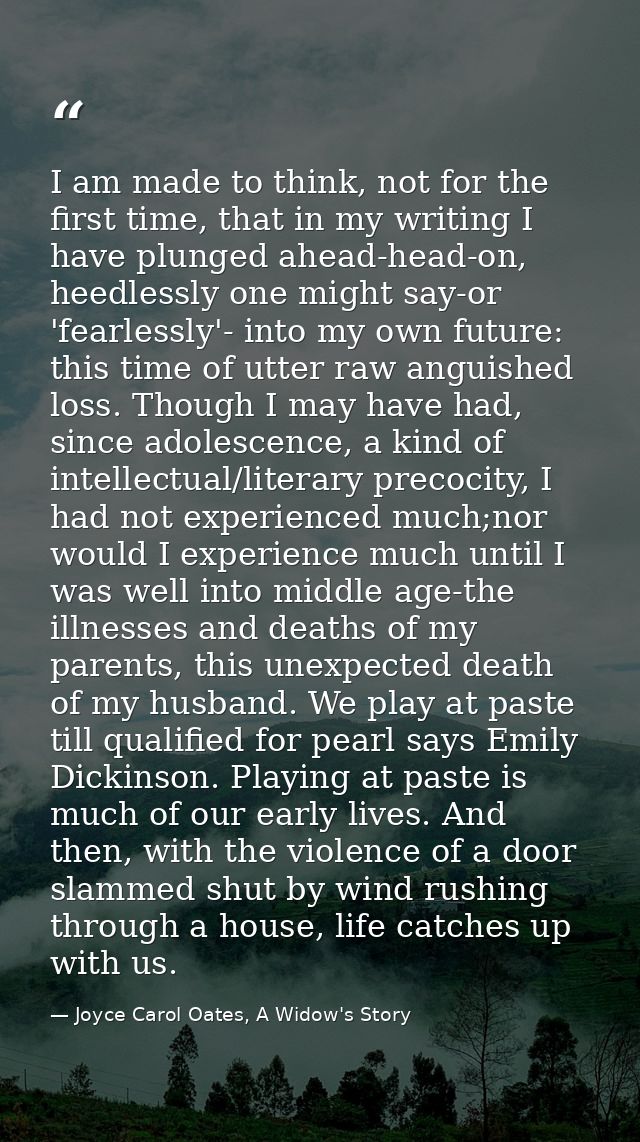 I am made to think, not for the first time, that in my writing I have plunged ahead-head-on, heedlessly one might say-or — Joyce Carol Oates, A Widow's Story