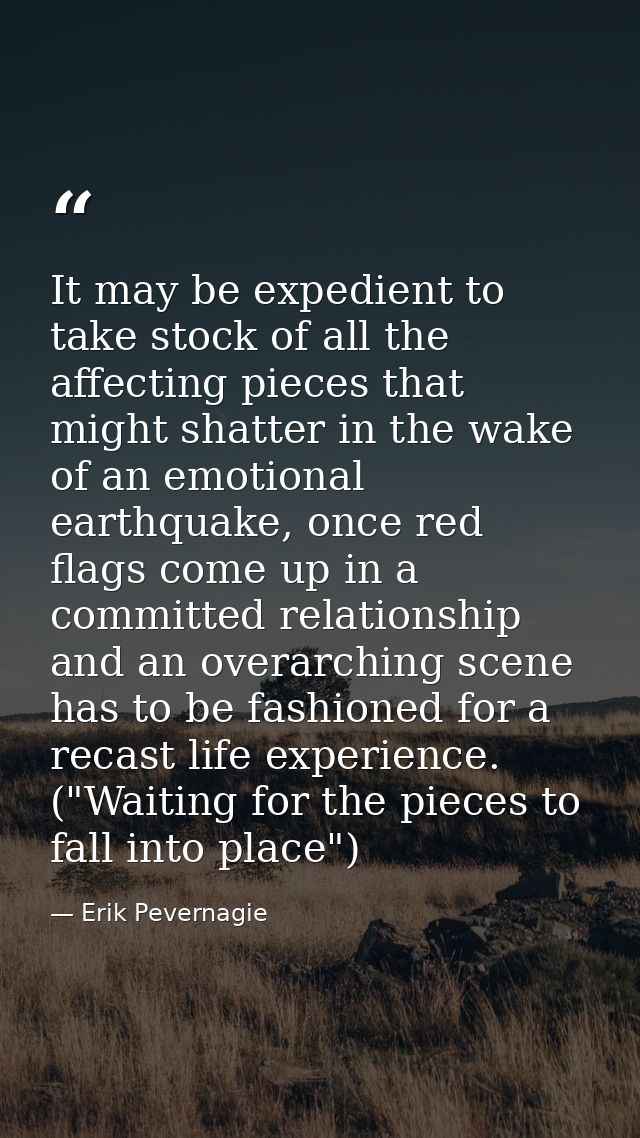 It may be expedient to take stock of all the affecting pieces that might shatter in the wake of an emotional earthquake, — Erik Pevernagie
