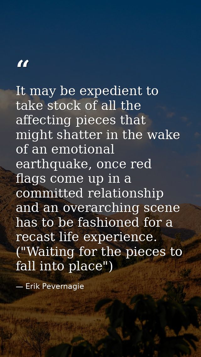It may be expedient to take stock of all the affecting pieces that might shatter in the wake of an emotional earthquake, — Erik Pevernagie