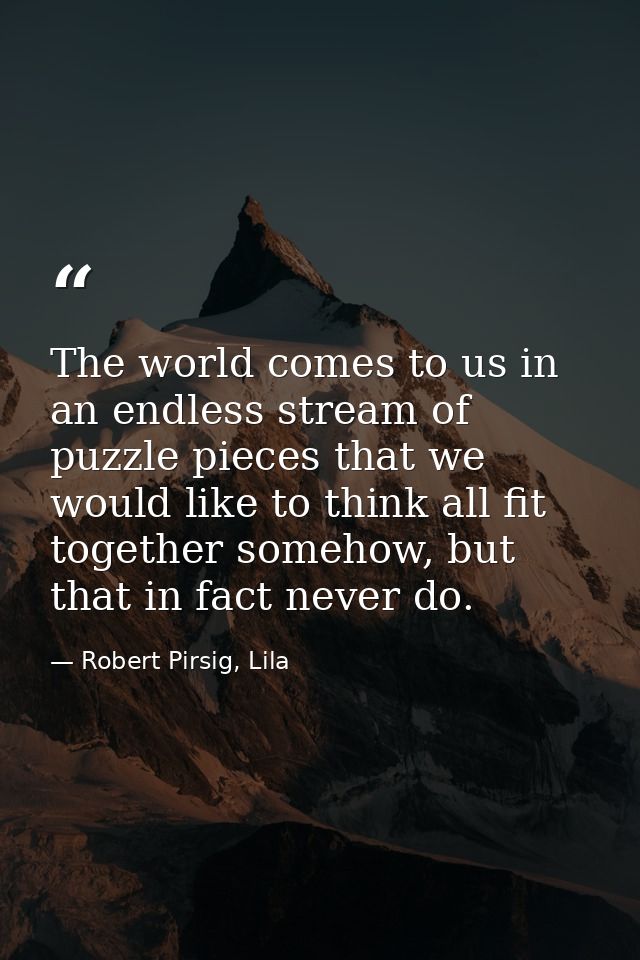 The world comes to us in an endless stream of puzzle pieces that we would like to think all fit together somehow, but th — Robert Pirsig, Lila