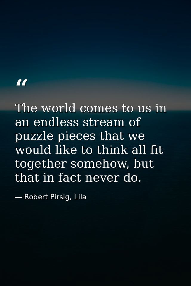 The world comes to us in an endless stream of puzzle pieces that we would like to think all fit together somehow, but th — Robert Pirsig, Lila