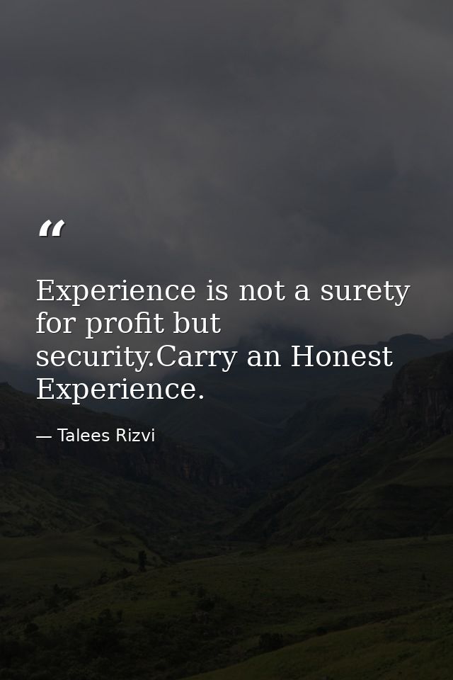 Experience is not a surety for profit but security.Carry an Honest Experience. — Talees Rizvi