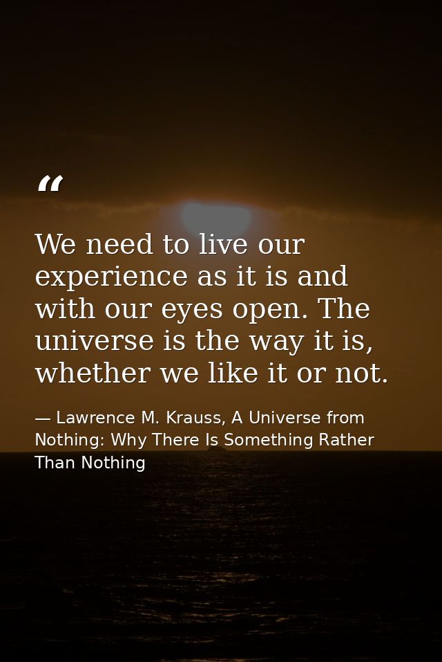 We need to live our experience as it is and with our eyes open. The universe is the way it is, whether we like it or not — Lawrence M. Krauss, A Universe from Nothing: Why There Is Something Rather Than Nothing