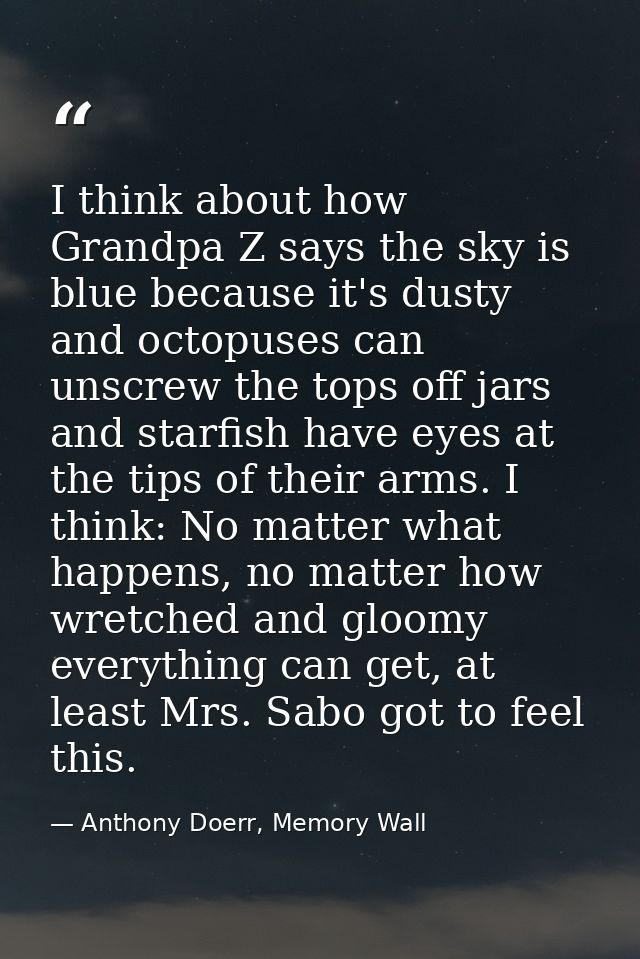I think about how Grandpa Z says the sky is blue because it's dusty and octopuses can unscrew the tops off jars and star — Anthony Doerr, Memory Wall