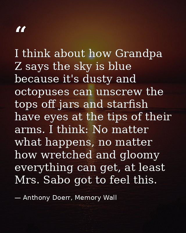 I think about how Grandpa Z says the sky is blue because it's dusty and octopuses can unscrew the tops off jars and star — Anthony Doerr, Memory Wall