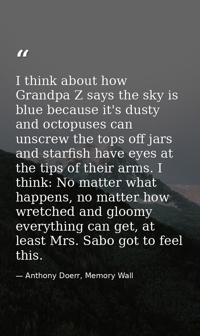 I think about how Grandpa Z says the sky is blue because it's dusty and octopuses can unscrew the tops off jars and star — Anthony Doerr, Memory Wall