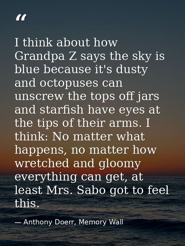I think about how Grandpa Z says the sky is blue because it's dusty and octopuses can unscrew the tops off jars and star — Anthony Doerr, Memory Wall