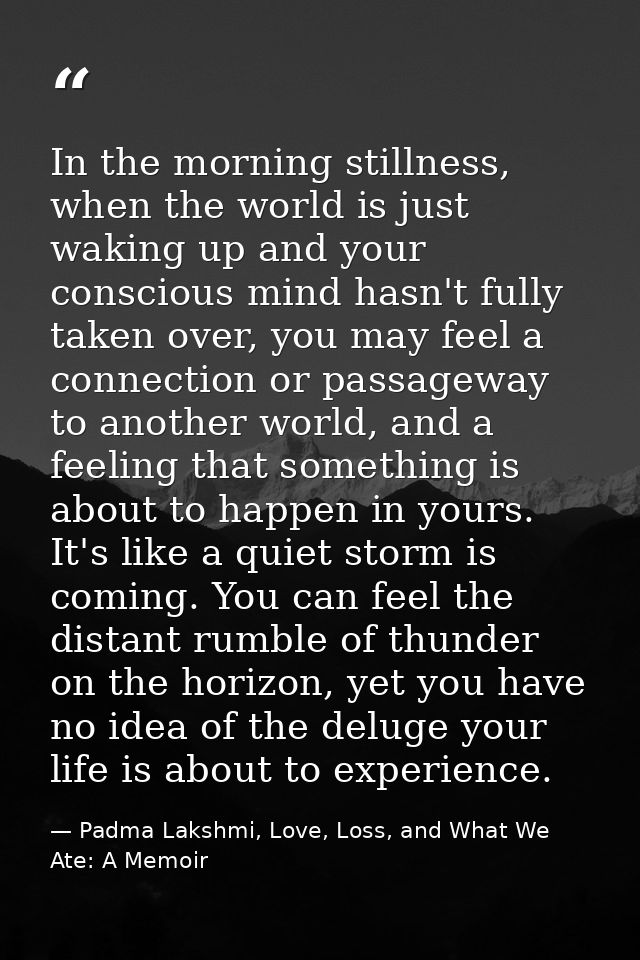 In the morning stillness, when the world is just waking up and your conscious mind hasn't fully taken over, you may feel — Padma Lakshmi, Love, Loss, and What We Ate: A Memoir