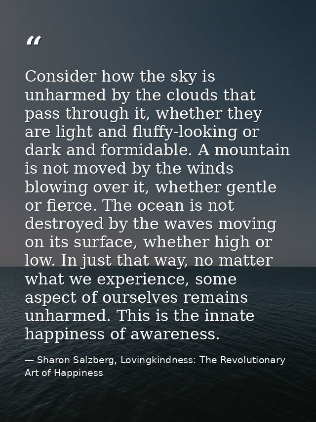 Consider how the sky is unharmed by the clouds that pass through it, whether they are light and fluffy-looking or dark a — Sharon Salzberg, Lovingkindness: The Revolutionary Art of Happiness
