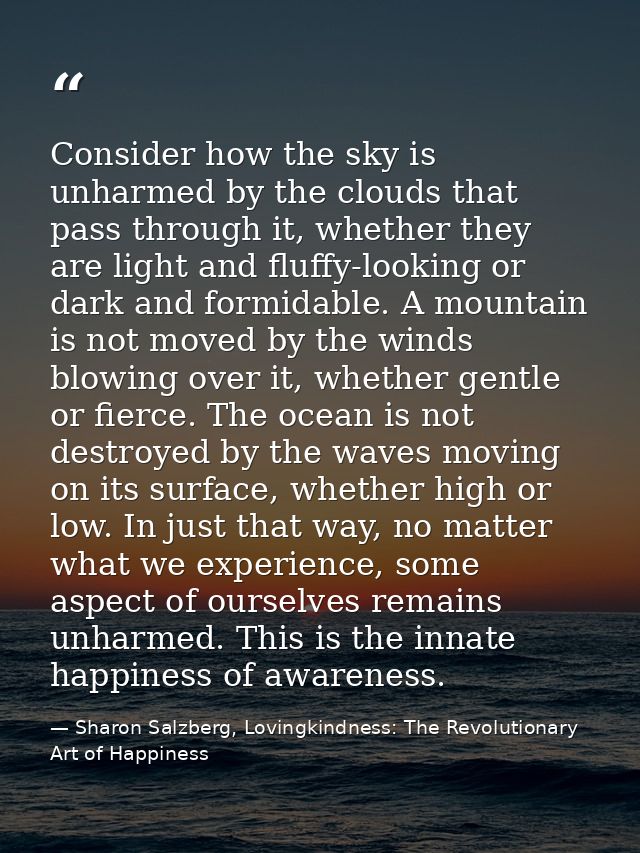 Consider how the sky is unharmed by the clouds that pass through it, whether they are light and fluffy-looking or dark a — Sharon Salzberg, Lovingkindness: The Revolutionary Art of Happiness