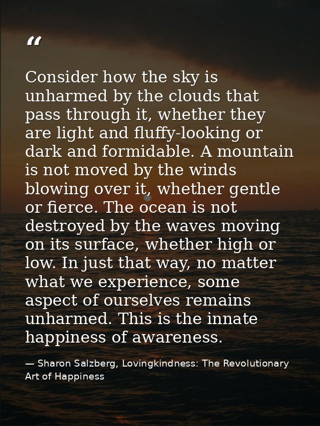 Consider how the sky is unharmed by the clouds that pass through it, whether they are light and fluffy-looking or dark a — Sharon Salzberg, Lovingkindness: The Revolutionary Art of Happiness