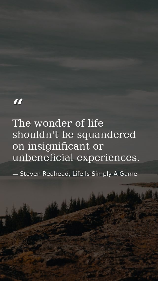 The wonder of life shouldn't be squandered on insignificant or unbeneficial experiences. — Steven Redhead, Life Is Simply A Game