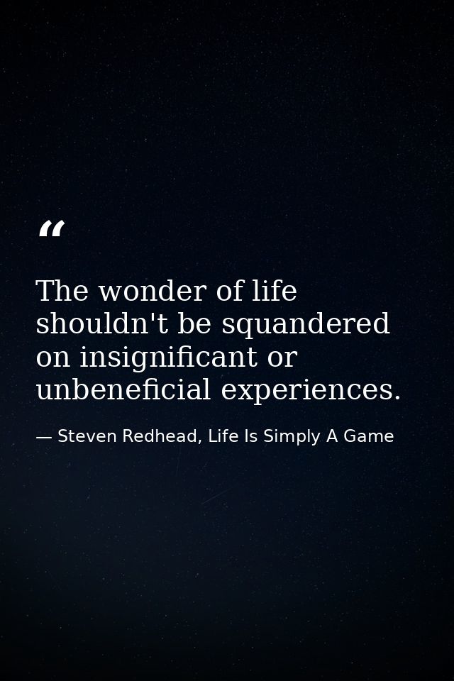 The wonder of life shouldn't be squandered on insignificant or unbeneficial experiences. — Steven Redhead, Life Is Simply A Game