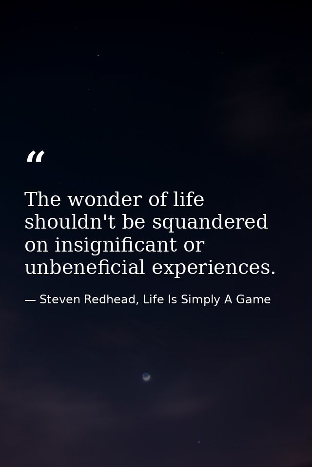 The wonder of life shouldn't be squandered on insignificant or unbeneficial experiences. — Steven Redhead, Life Is Simply A Game