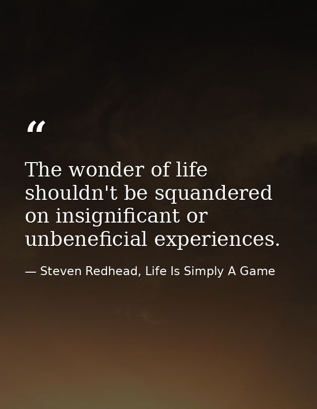 The wonder of life shouldn't be squandered on insignificant or unbeneficial experiences. — Steven Redhead, Life Is Simply A Game