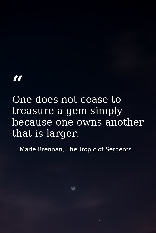 One does not cease to treasure a gem simply because one owns another that is larger. — Marie Brennan, The Tropic of Serpents