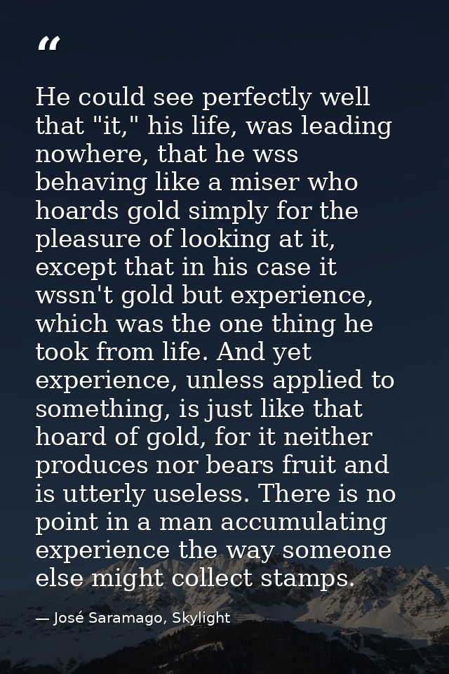 He could see perfectly well that "it," his life, was leading nowhere, that he wss behaving like a miser who hoards gold  — José Saramago, Skylight