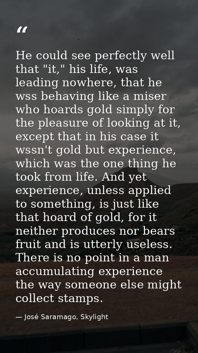 He could see perfectly well that "it," his life, was leading nowhere, that he wss behaving like a miser who hoards gold  — José Saramago, Skylight
