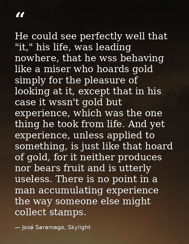He could see perfectly well that "it," his life, was leading nowhere, that he wss behaving like a miser who hoards gold  — José Saramago, Skylight
