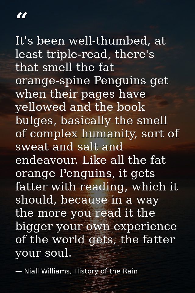 It's been well-thumbed, at least triple-read, there's that smell the fat orange-spine Penguins get when their pages have — Niall Williams, History of the Rain
