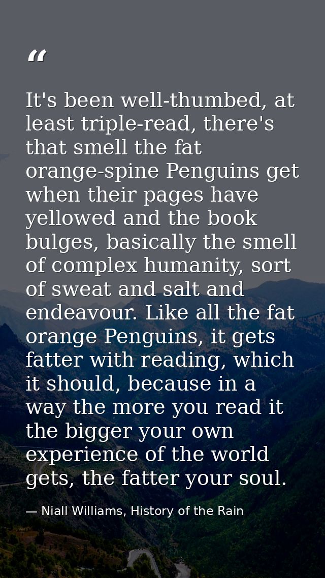It's been well-thumbed, at least triple-read, there's that smell the fat orange-spine Penguins get when their pages have — Niall Williams, History of the Rain