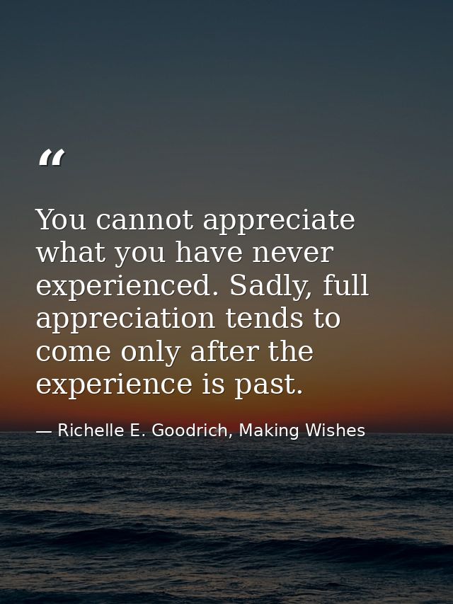 You cannot appreciate what you have never experienced. Sadly, full appreciation tends to come only after the experience  — Richelle E. Goodrich, Making Wishes