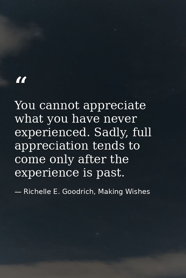 You cannot appreciate what you have never experienced. Sadly, full appreciation tends to come only after the experience  — Richelle E. Goodrich, Making Wishes