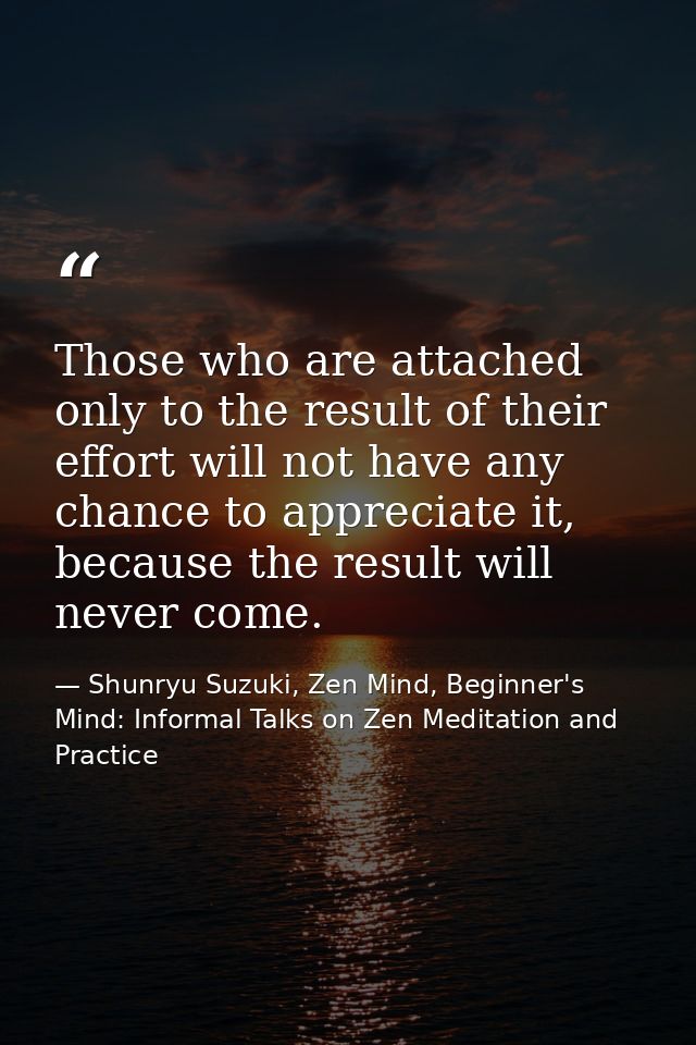 Those who are attached only to the result of their effort will not have any chance to appreciate it, because the result  — Shunryu Suzuki, Zen Mind, Beginner's Mind: Informal Talks on Zen Meditation and Practice