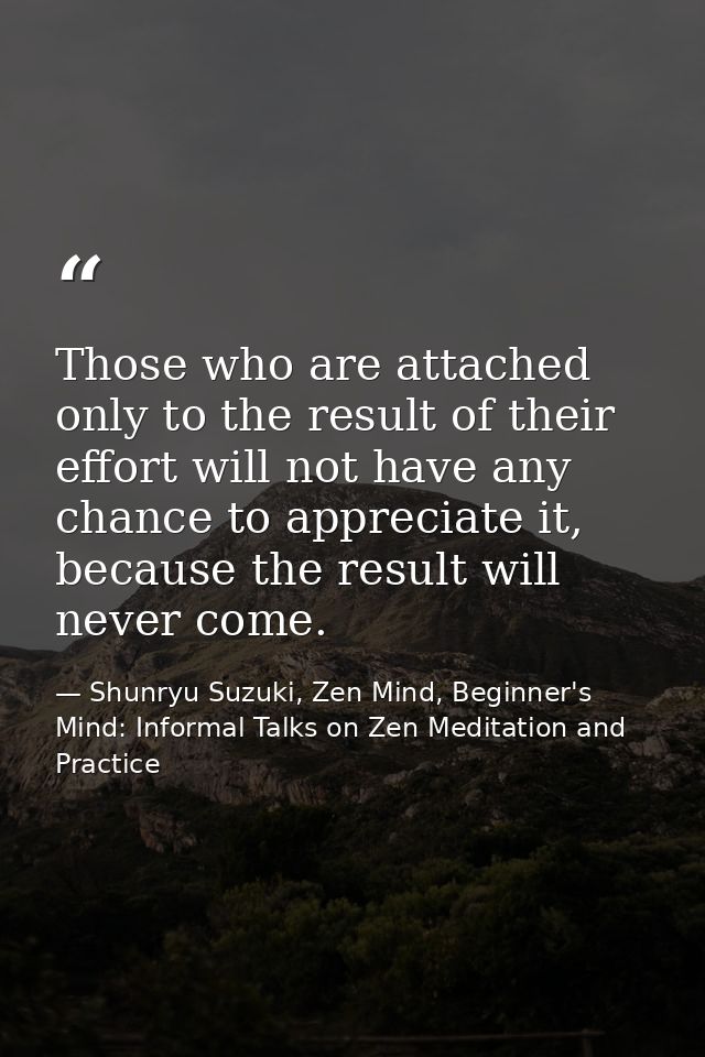 Those who are attached only to the result of their effort will not have any chance to appreciate it, because the result  — Shunryu Suzuki, Zen Mind, Beginner's Mind: Informal Talks on Zen Meditation and Practice