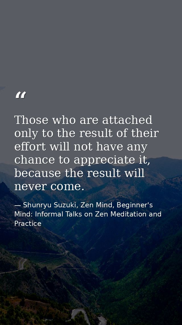 Those who are attached only to the result of their effort will not have any chance to appreciate it, because the result  — Shunryu Suzuki, Zen Mind, Beginner's Mind: Informal Talks on Zen Meditation and Practice