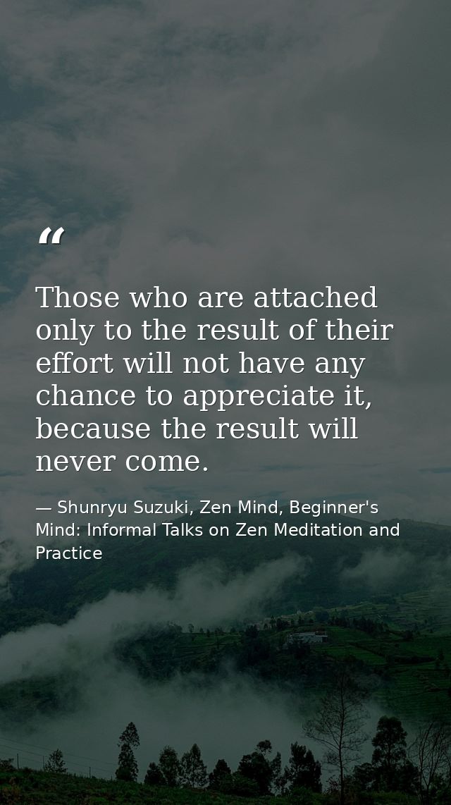 Those who are attached only to the result of their effort will not have any chance to appreciate it, because the result  — Shunryu Suzuki, Zen Mind, Beginner's Mind: Informal Talks on Zen Meditation and Practice