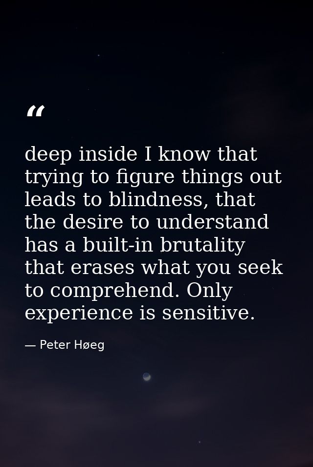 deep inside I know that trying to figure things out leads to blindness, that the desire to understand has a built-in bru — Peter Høeg