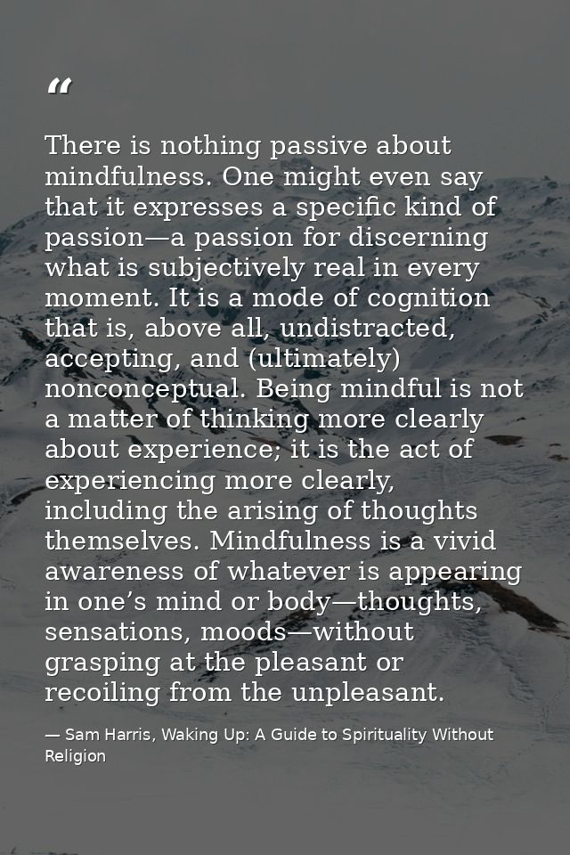 There is nothing passive about mindfulness. One might even say that it expresses a specific kind of passion—a passion fo — Sam Harris, Waking Up: A Guide to Spirituality Without Religion