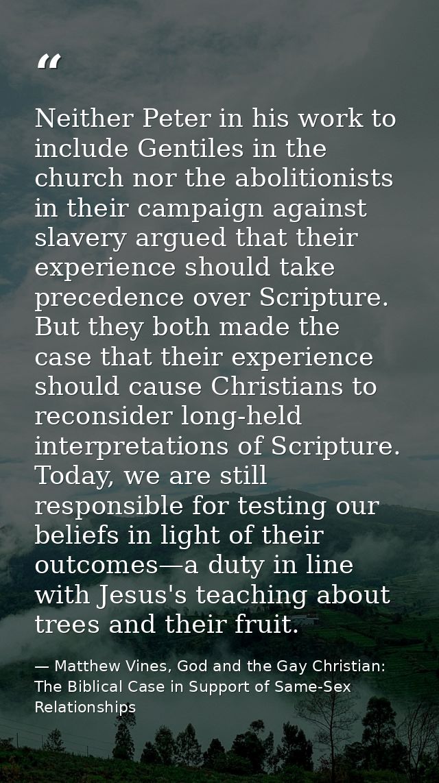 Neither Peter in his work to include Gentiles in the church nor the abolitionists in their campaign against slavery argu — Matthew Vines, God and the Gay Christian: The Biblical Case in Support of Same-Sex Relationships