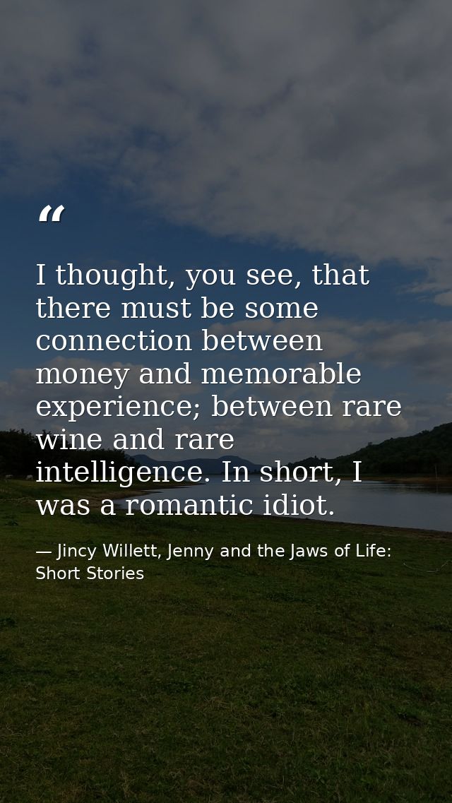 I thought, you see, that there must be some connection between money and memorable experience; between rare wine and rar — Jincy Willett, Jenny and the Jaws of Life: Short Stories