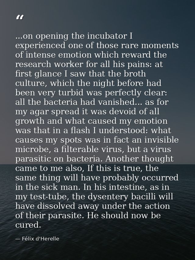 ...on opening the incubator I experienced one of those rare moments of intense emotion which reward the research worker  — Félix d'Herelle
