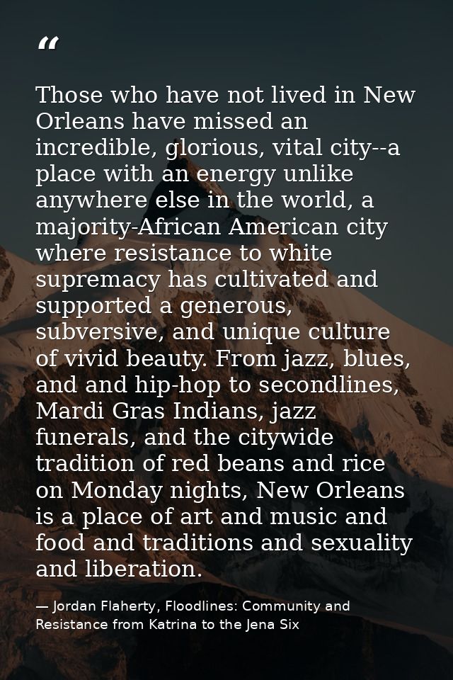 Those who have not lived in New Orleans have missed an incredible, glorious, vital city--a place with an energy unlike a — Jordan Flaherty, Floodlines: Community and Resistance from Katrina to the Jena Six