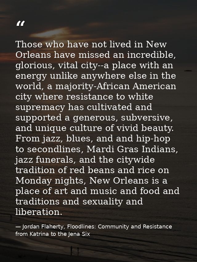 Those who have not lived in New Orleans have missed an incredible, glorious, vital city--a place with an energy unlike a — Jordan Flaherty, Floodlines: Community and Resistance from Katrina to the Jena Six
