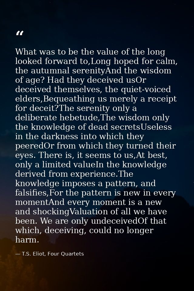 What was to be the value of the long looked forward to,Long hoped for calm, the autumnal serenityAnd the wisdom of age?  — T.S. Eliot, Four Quartets