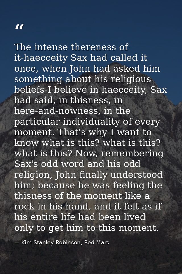 The intense thereness of it-haecceity Sax had called it once, when John had asked him something about his religious beli — Kim Stanley Robinson, Red Mars