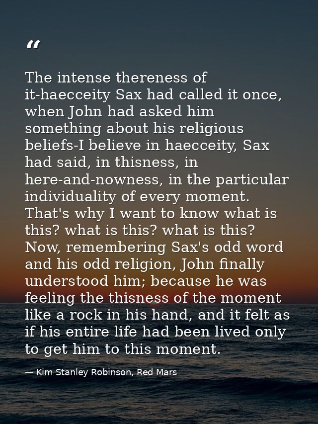 The intense thereness of it-haecceity Sax had called it once, when John had asked him something about his religious beli — Kim Stanley Robinson, Red Mars