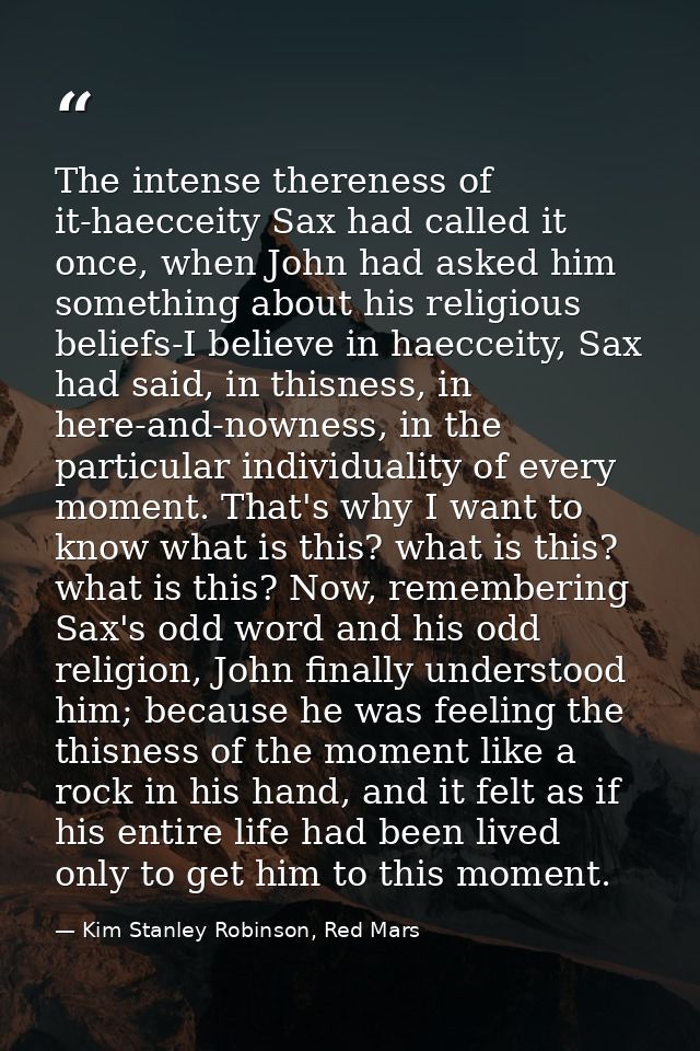 The intense thereness of it-haecceity Sax had called it once, when John had asked him something about his religious beli — Kim Stanley Robinson, Red Mars