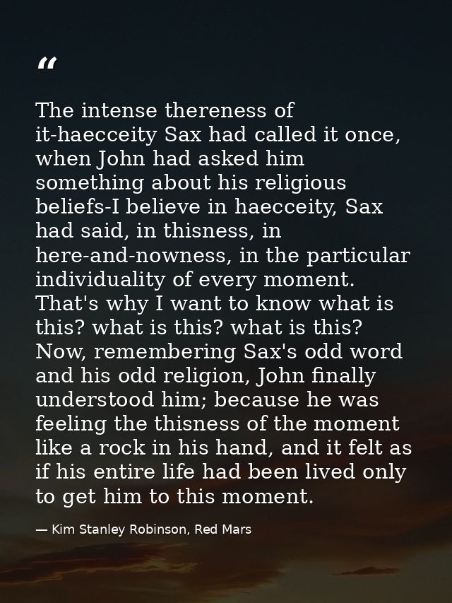 The intense thereness of it-haecceity Sax had called it once, when John had asked him something about his religious beli — Kim Stanley Robinson, Red Mars