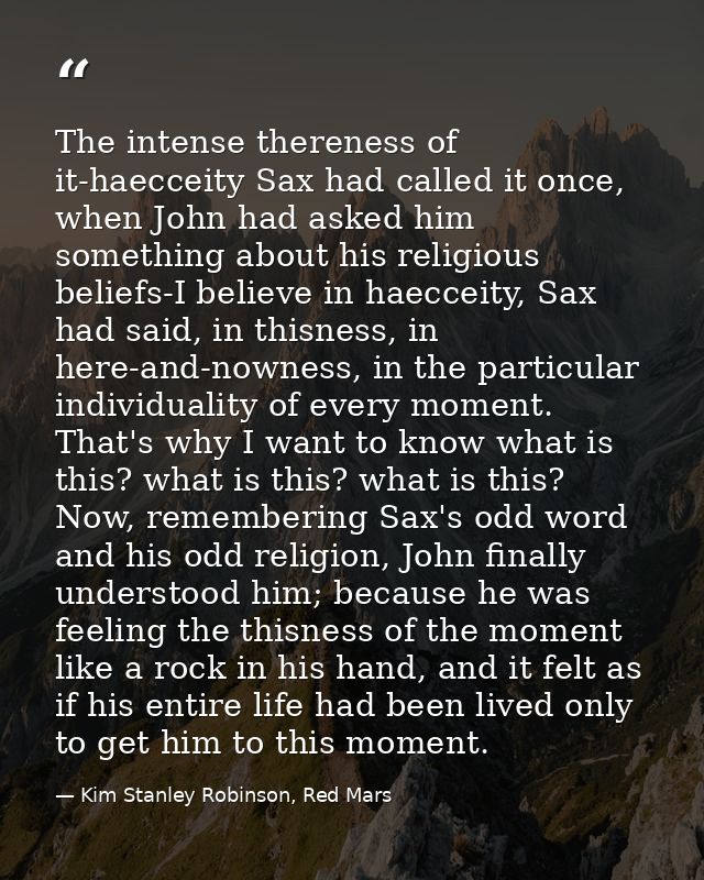 The intense thereness of it-haecceity Sax had called it once, when John had asked him something about his religious beli — Kim Stanley Robinson, Red Mars