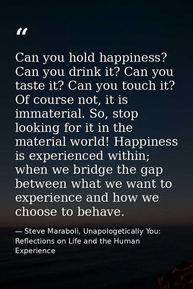 Can you hold happiness? Can you drink it? Can you taste it? Can you touch it? Of course not, it is immaterial. So, stop  — Steve Maraboli, Unapologetically You: Reflections on Life and the Human Experience